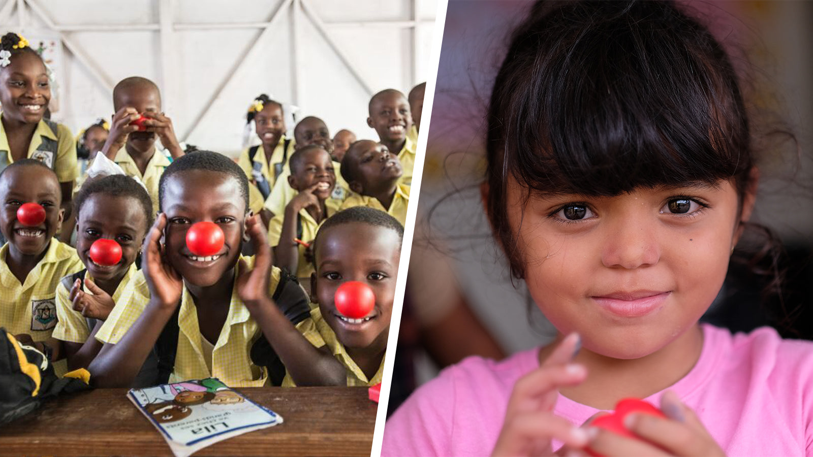 A group of kids wearing red noses for Comic Relief