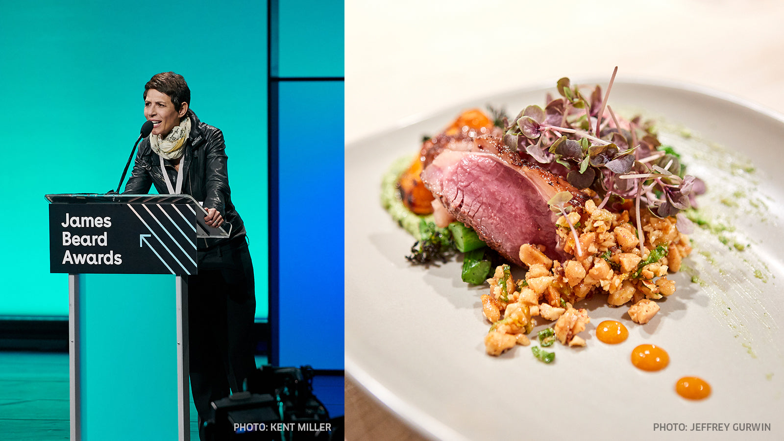 On the left, Chef Dominique Crenn accepts a James Beard award. On the right a beautiful steak dish.