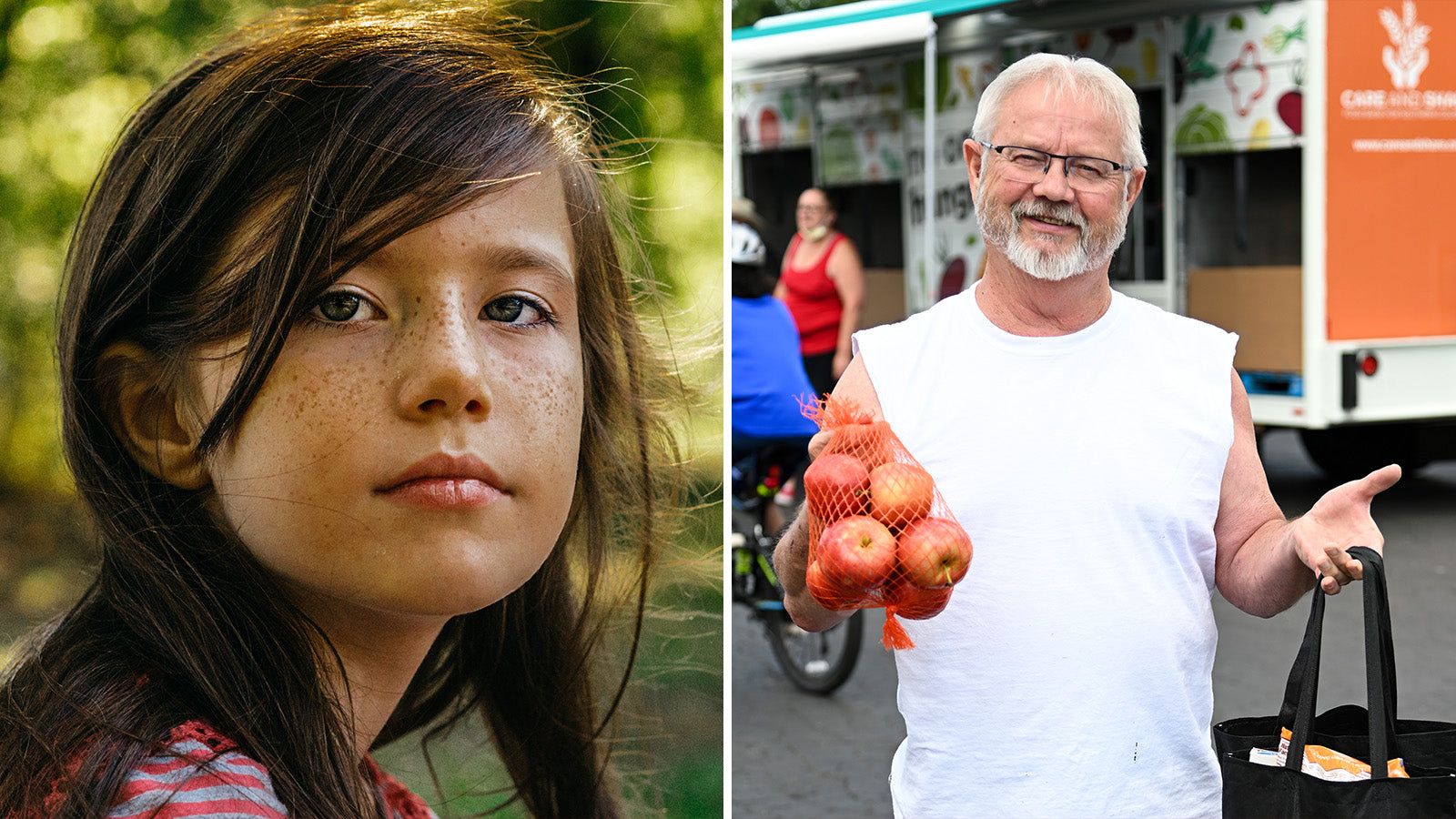 Left: A close up of a young girl. Right: An older man holding a bag of apples.
