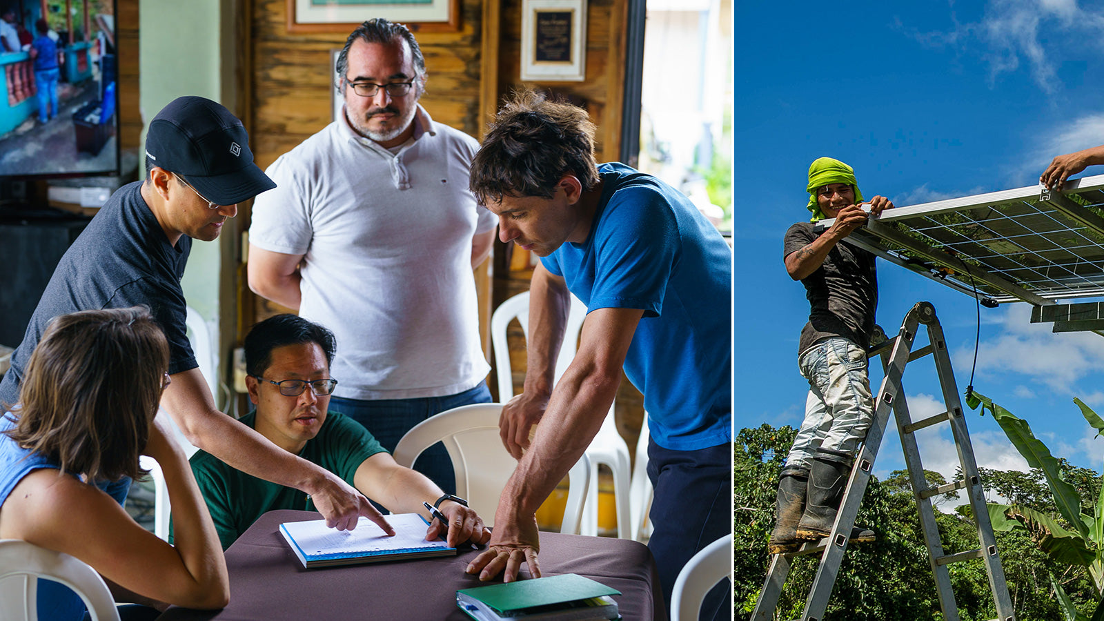 Left: Alex Honnold stands around a table with Honnold Foundation team members. Right: Two mean install a solar panel.