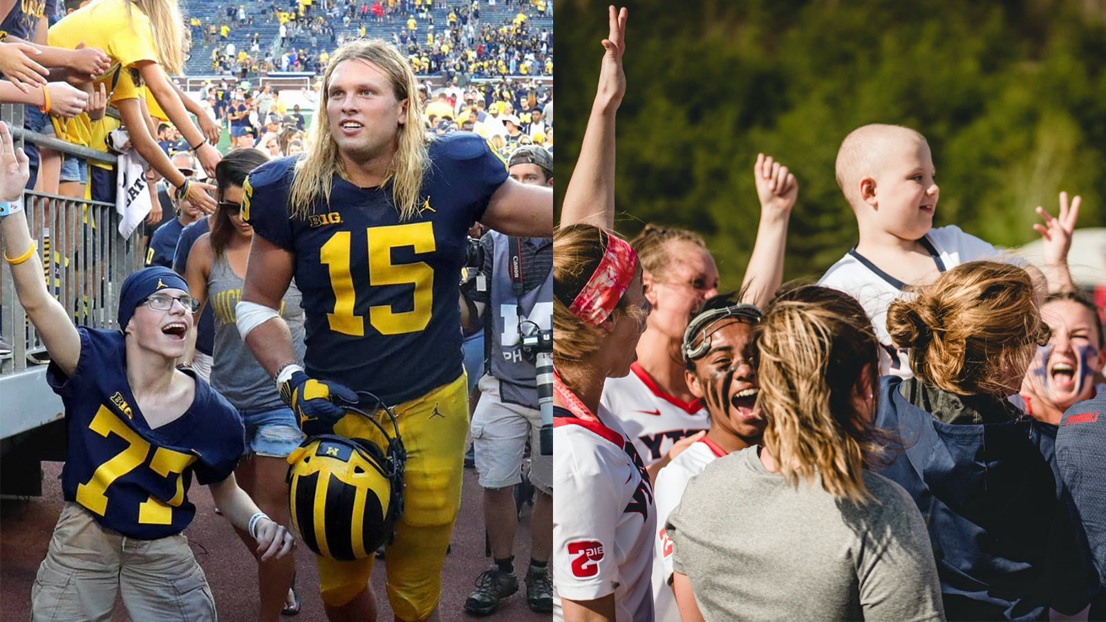 Split image of a football player cheering with a child, and a group of athletes raising a child on their shoulders